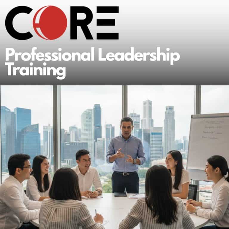 A dynamic leadership training session in a modern room in Singapore. Three diverse Asian professionals (men and women) are sitting at a sleek conference table, engaged in a team building activity using colorful building blocks. A facilitator is guiding the discussion. Through the floor-to-ceiling windows, the iconic Singapore skyline (e.g., Marina Bay Sands or Suntec City) is visible under bright afternoon light. Participants are in sharp focus, showing enthusiasm and collaboration in their professional attire. The setting conveys an energetic and sophisticated Leadership Training atmosphere."